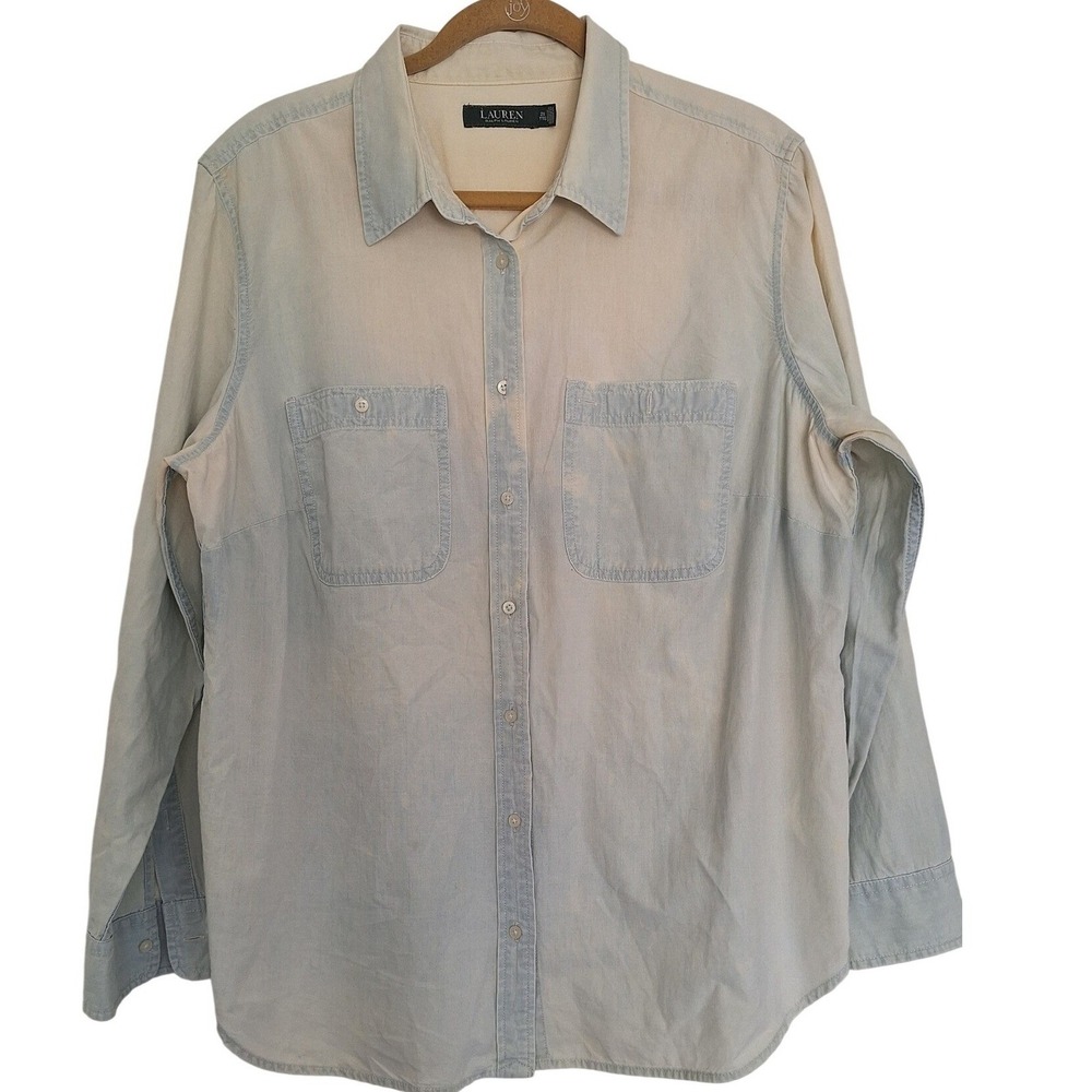 Lauren‎ Ralph Lauren Women's 2X Blue White Button Down Shirt 100% Cotton